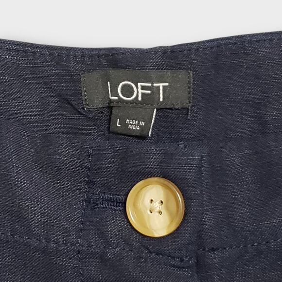 Loft Linen Blend Button Front Wide Leg Crop Pants High Rise Navy Blue Large - Picture 7 of 12